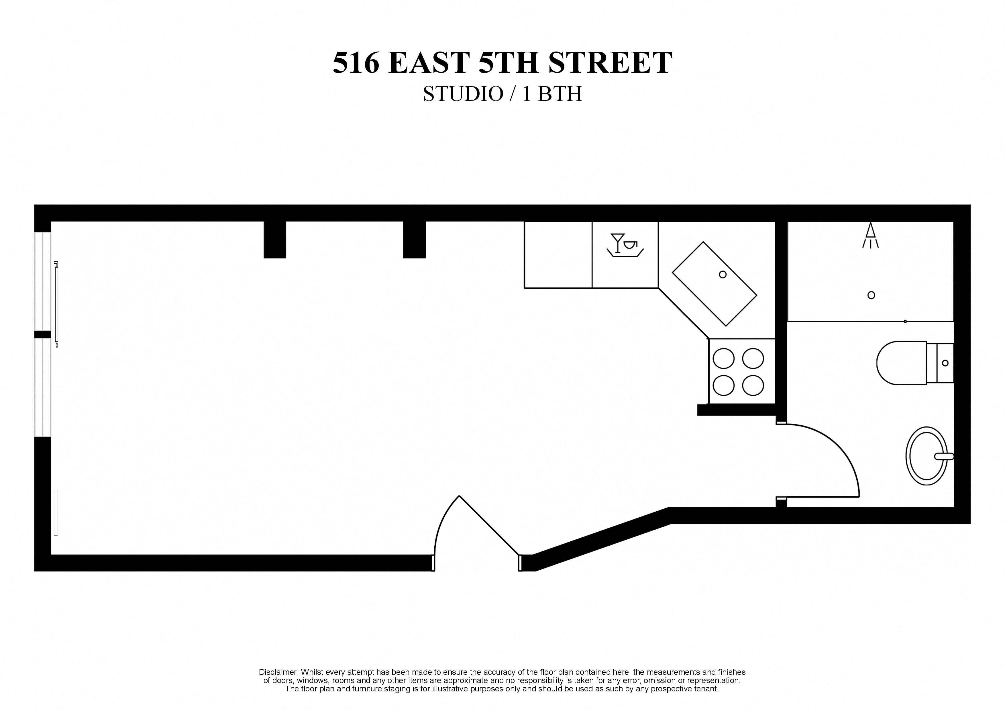 Floor plan for studio, 1 bath, 200 sqft